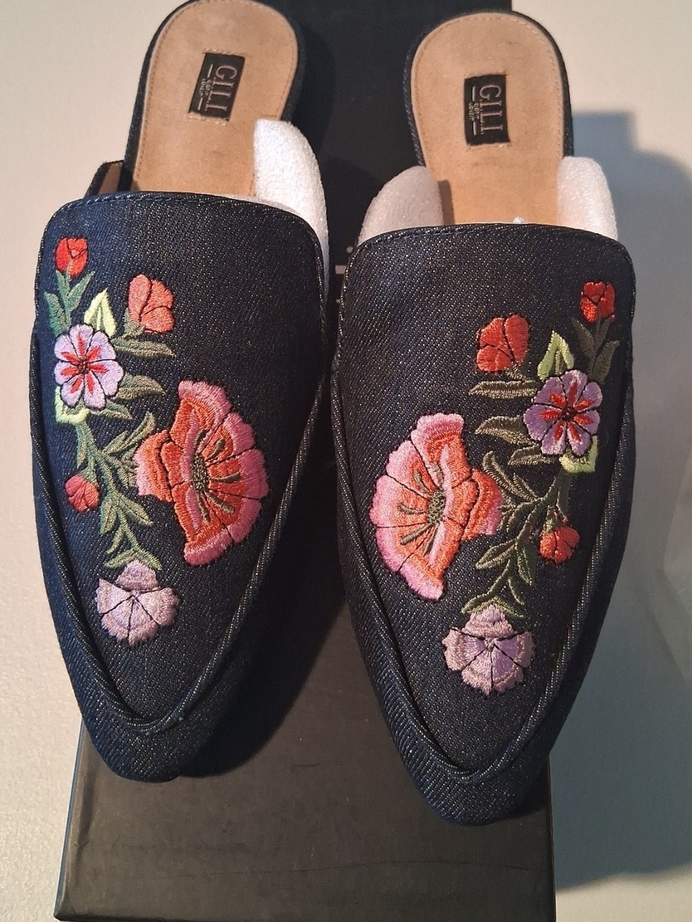Gilli Navy Denim Slip-On Mules with Pink & Red Floral Embroidery